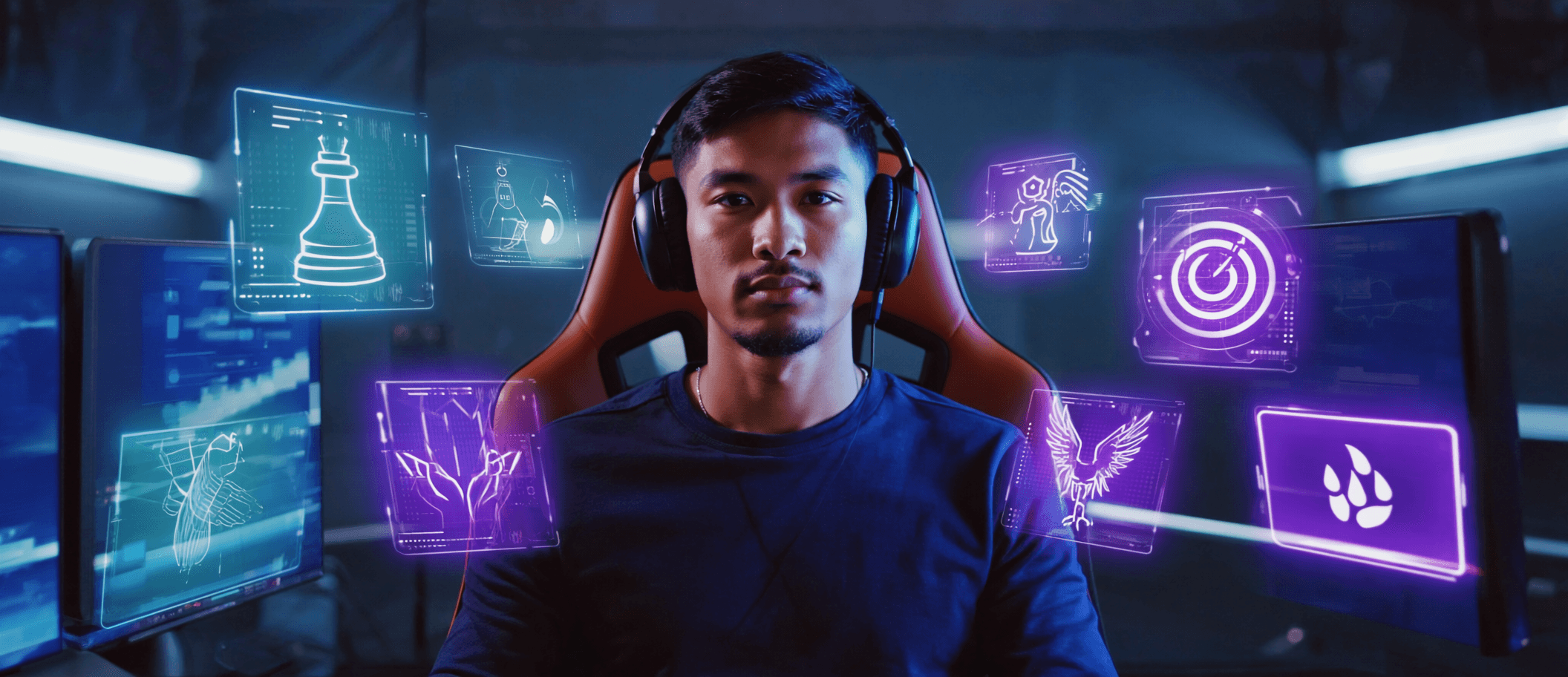 1. A gamer surrounded by glowing icons representing real-life skills: strategy, teamwork, focus, resilience.