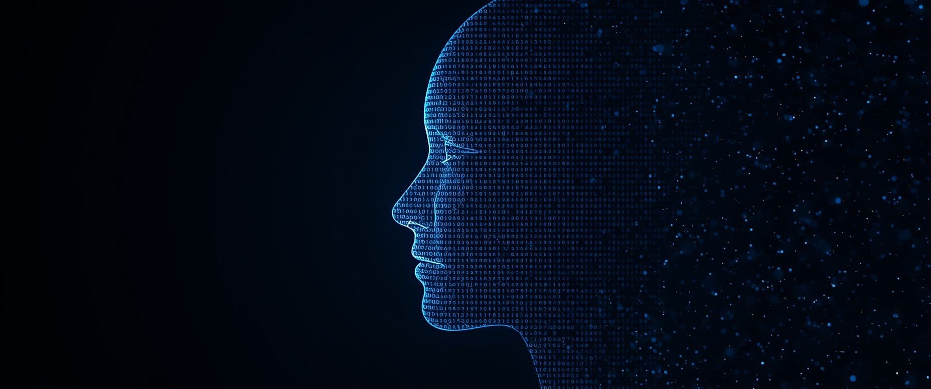 Abstract human face with digital emotion patterns representing AI empathy.