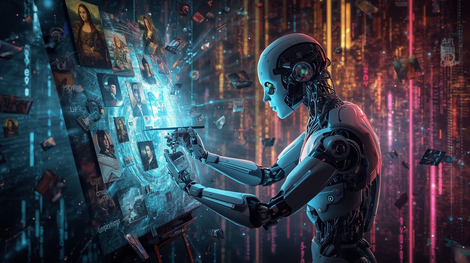 Futuristic AI artist robot painting on a digital canvas, with fragments of famous artworks floating around it. Blend of abstract and realistic styles, vibrant colors, tech-inspired background.