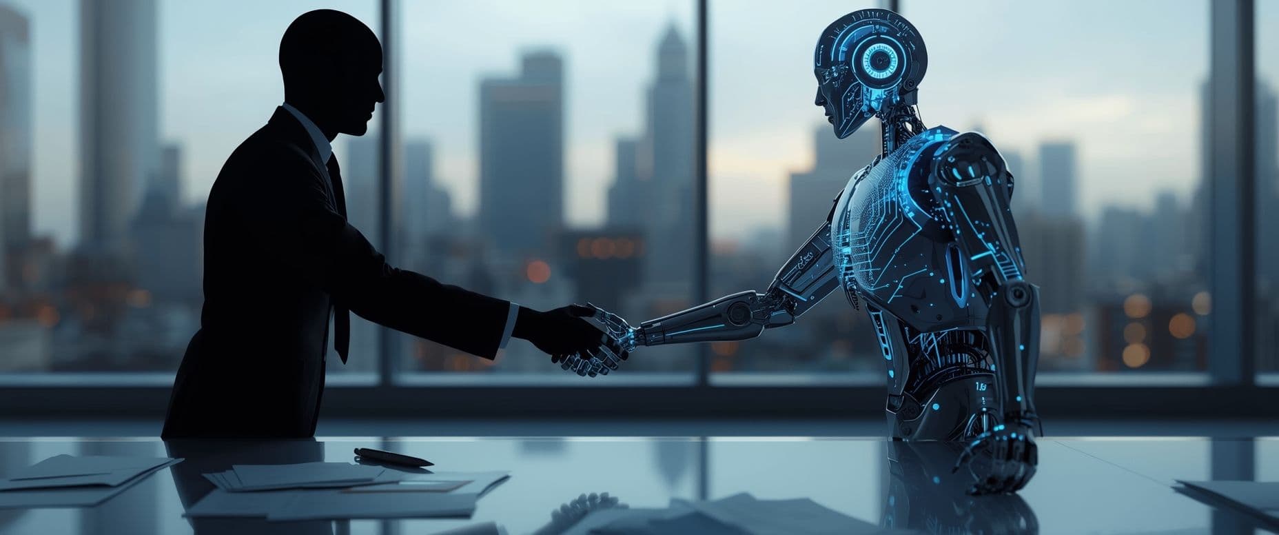 A human silhouette shaking hands with a robot, symbolizing collaboration between humans and AI, futuristic office background