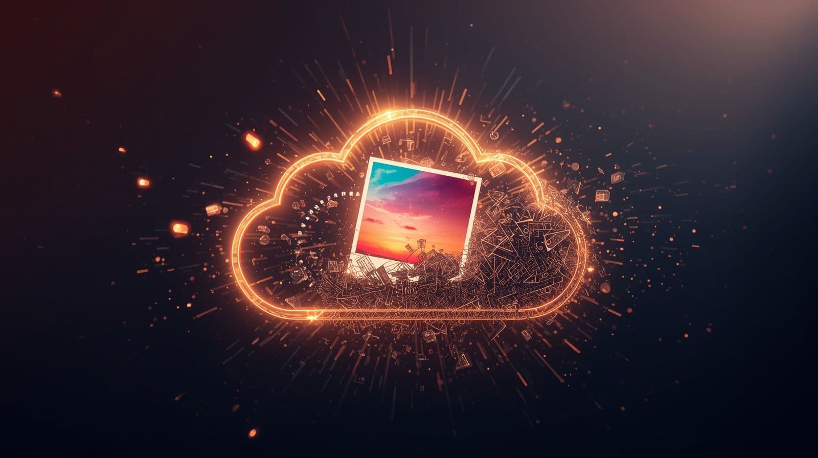 A digital illustration of a photo being deleted from cloud storage, dissolving into binary code, representing how deleted files are processed and erased in the cloud.