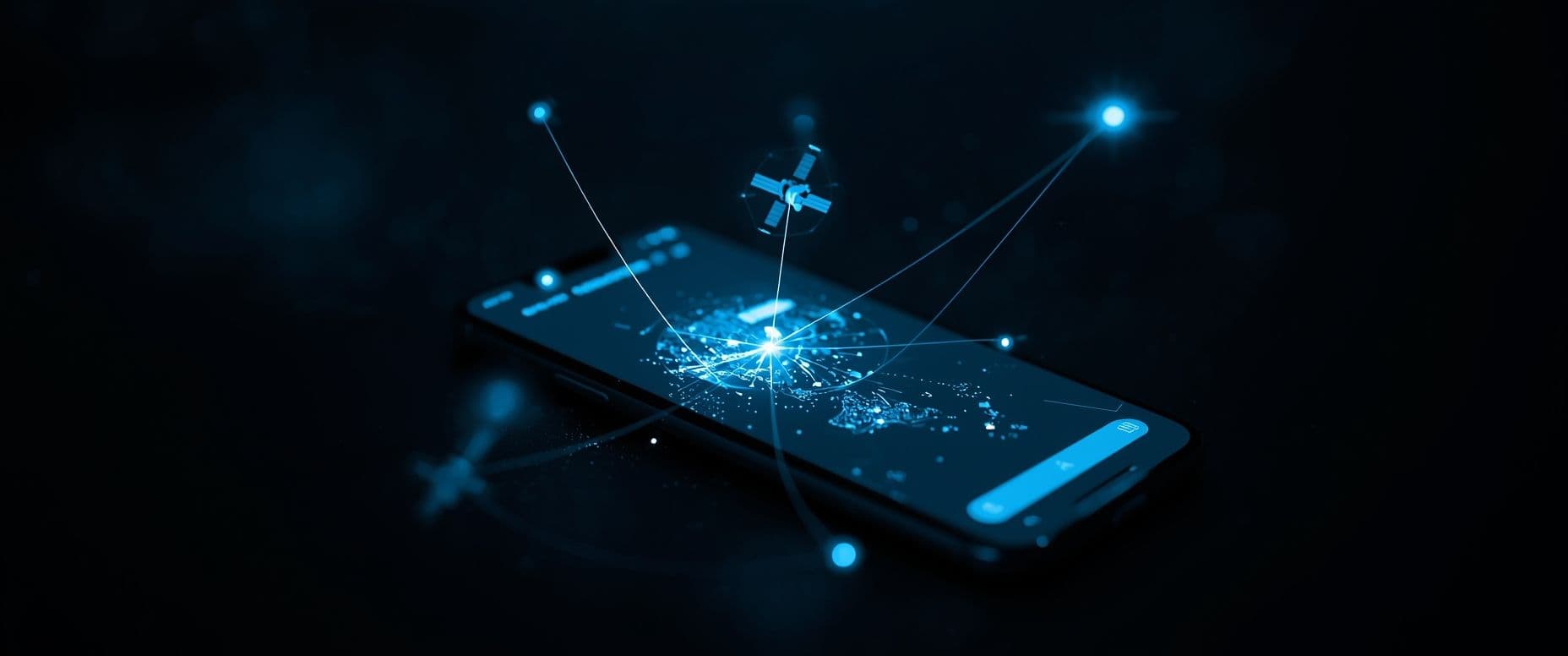 Smartphone connecting to satellites in orbit through invisible data signals, symbolizing constant communication.