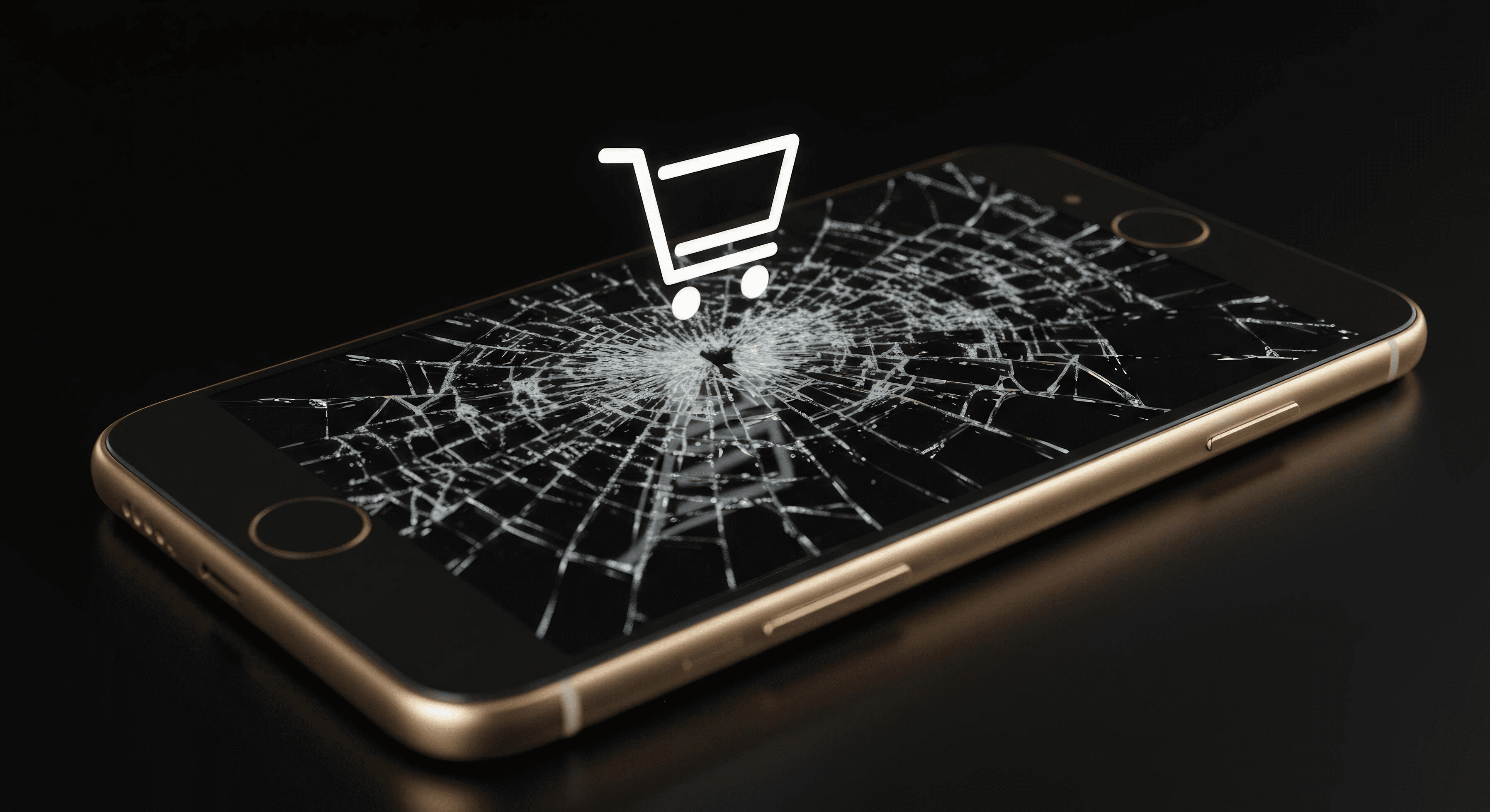 Cracked phone screen with shopping cart icon