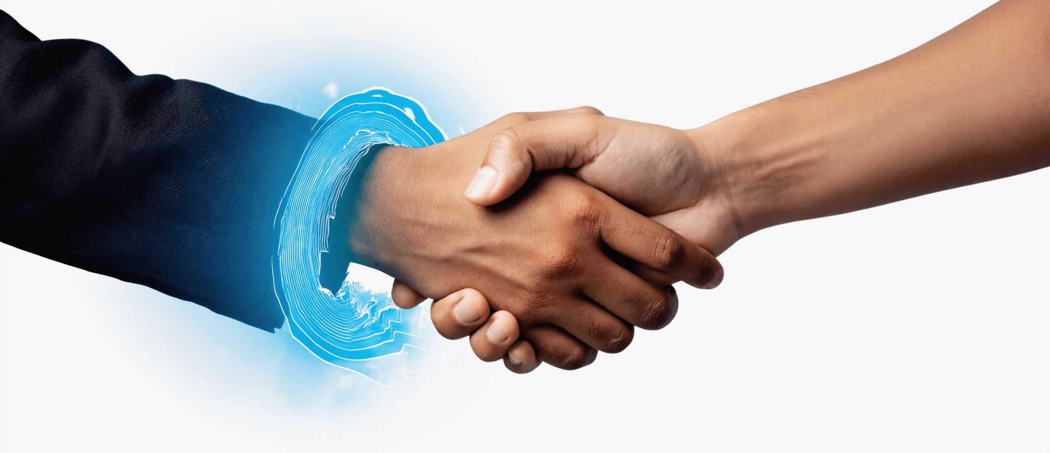 A human hand reaching out from a digital screen to shake another human hand, symbolizing tech meeting humanity