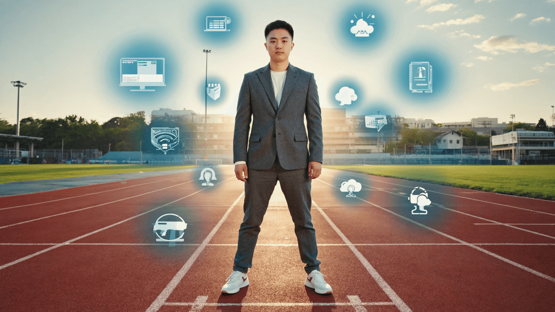 A tech founder standing on a running track with startup icons floating around, symbolizing the overlap between sports and business.