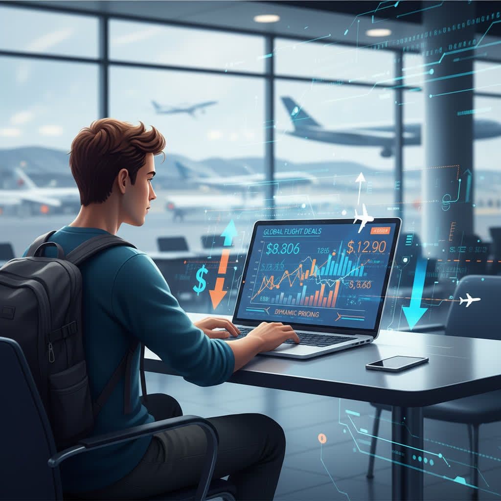 Illustration of airline dynamic pricing showing fluctuating flight ticket prices on a traveler’s laptop screen.