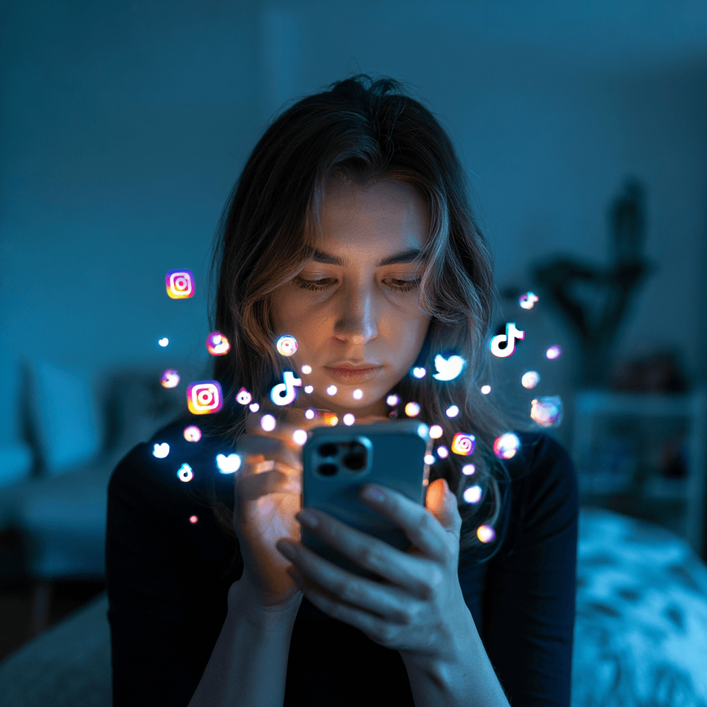 A person illuminated by the glow of a phone in a dark room, surrounded by floating social media icons